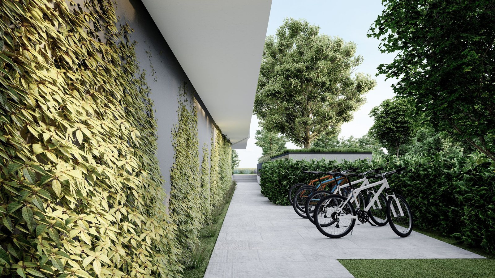 Begrünter Zugang mit Fahrradstellplätzen