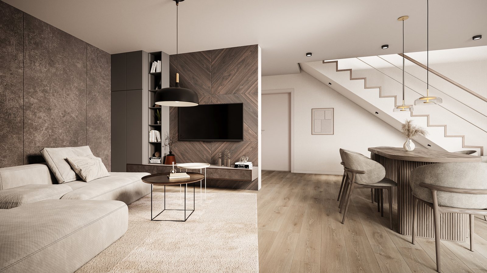 Wohnbereich einer Penthouse-Maisonette mit Treppe zur Galerie